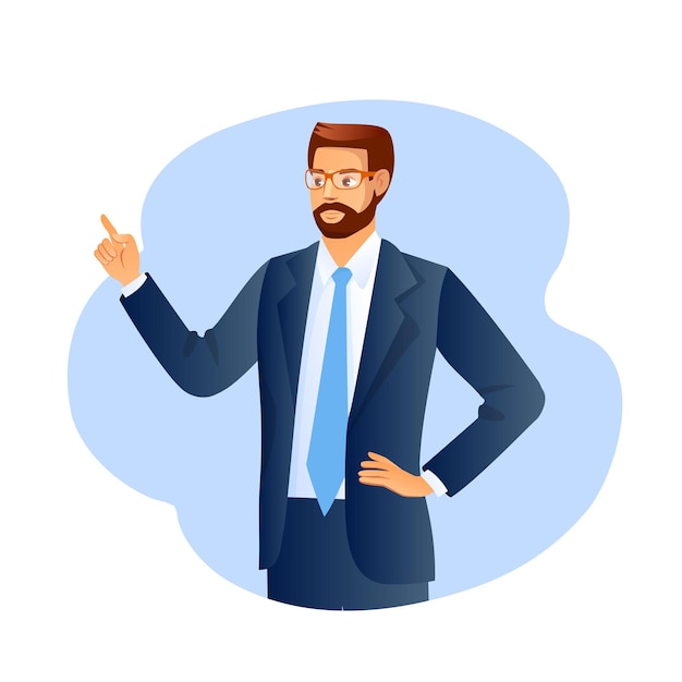 Vector businessman in a business suit points finger