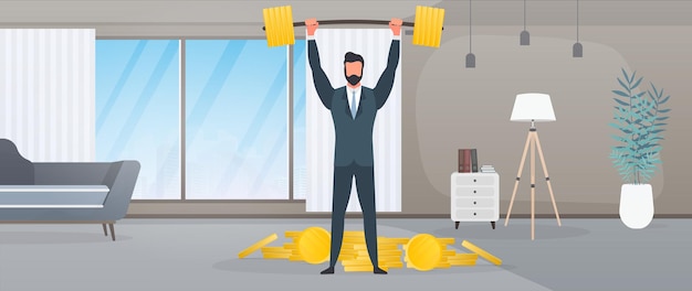 A businessman in a business suit raises a barbell. The man in the office raises the barbell. Successful business concept. Vector.