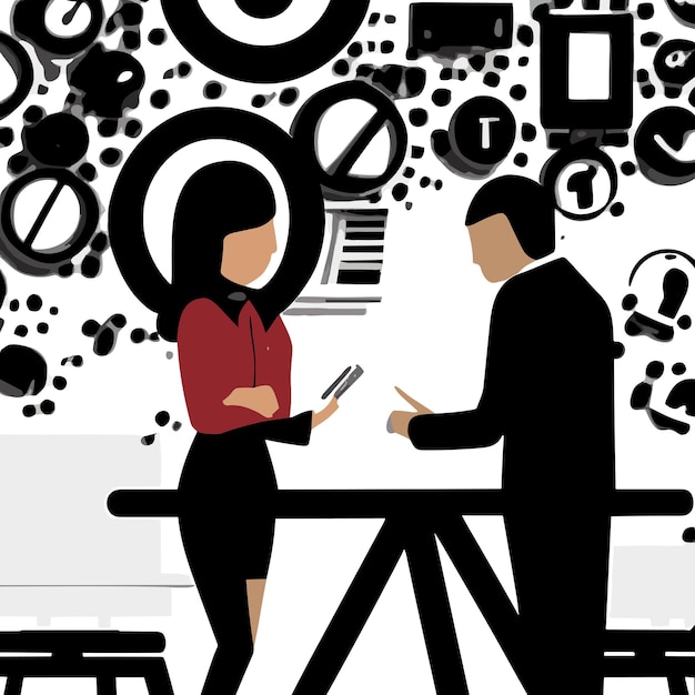 A businessman and businesswoman discussing about business black and white illustration generative ai