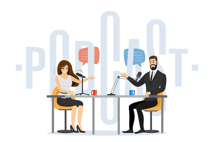 Vector businessman and businesswoman discussing in business radio broadcast studio man and woman with