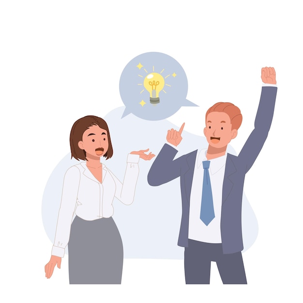 Businessman and businesswoman have a discuss then got an idea having solution concept problem solving Light bulb icon on speech bubble Vector illustration