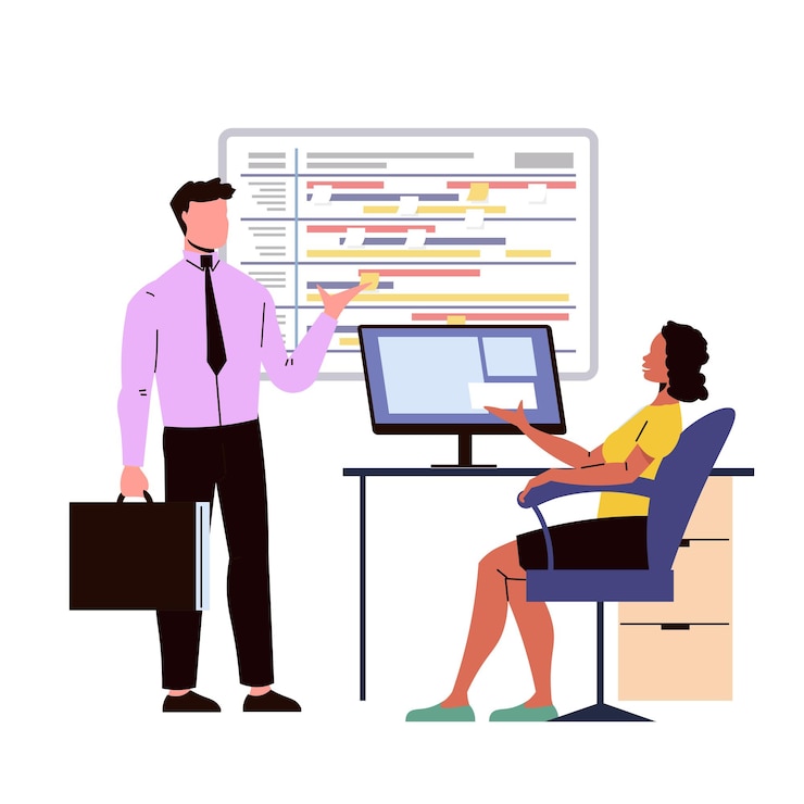 Vector businessman and businesswoman in office working at computer vector illustration in flat style