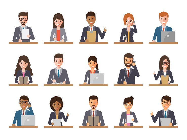 Vector businessman and businesswoman people in actions.