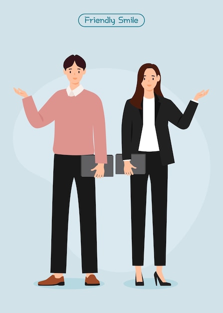 Businessman and businesswoman pointing hands Vector illustration in flat style