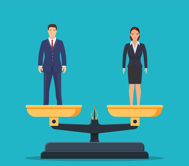 Vector businessman and businesswoman on scales.