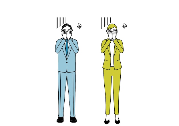 Vector businessman and businesswoman senior executive manager in a suit covering his face in depression