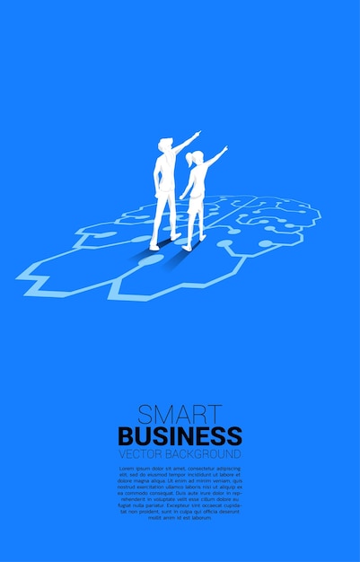 Businessman and businesswoman standing on brain icon graphic on floor icon for business planning and strategy thinking