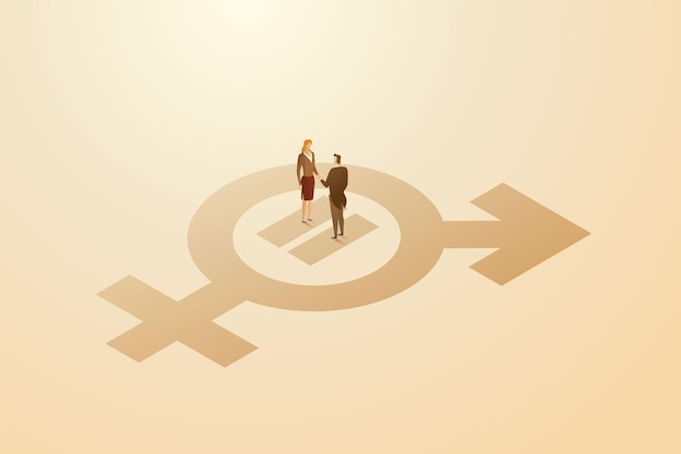 Businessman and businesswoman standing holding hands on a sex symbol concept of gender equality