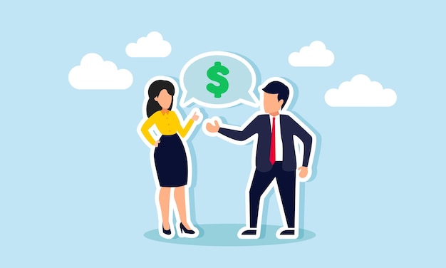 A businessman and businesswoman talk creating a dialogue box labeled with a dollar sign illustration of sharing ideas on strategies to increase company revenue
