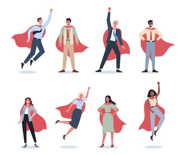 Vector businessman and businesswoman with red superhero cloak set.