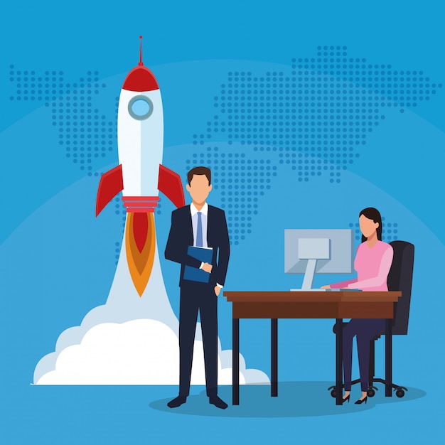 businessman businesswoman working computer rocket