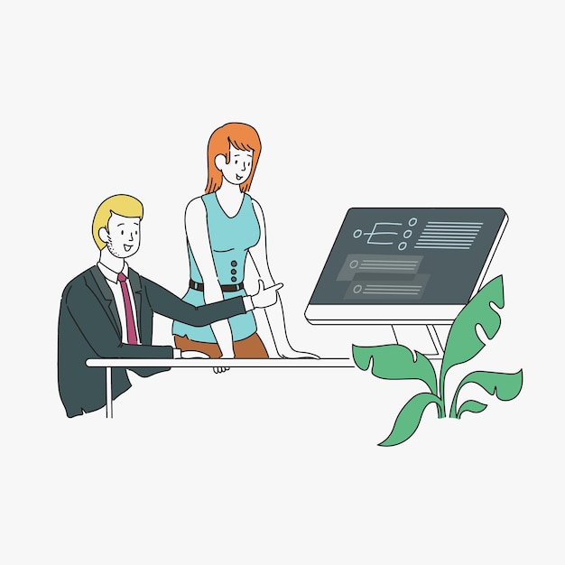 Businessman and businesswoman working together in office Vector outline illustration