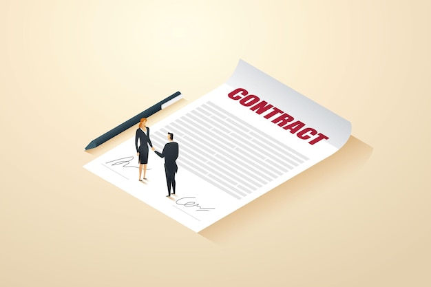 Vector businessman and businesswomen handshake sign a business contract or investment partner or a job offer agreement, pens and contract documents. isometric illustration vector.