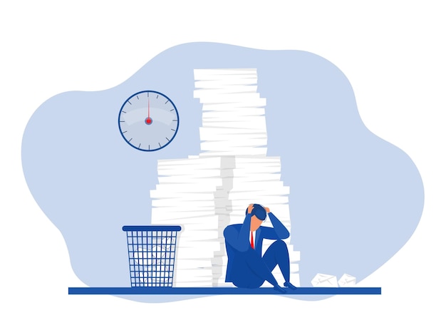 Businessman busy unhappy man with stacks of paper on deskhard work concept vector illustrator