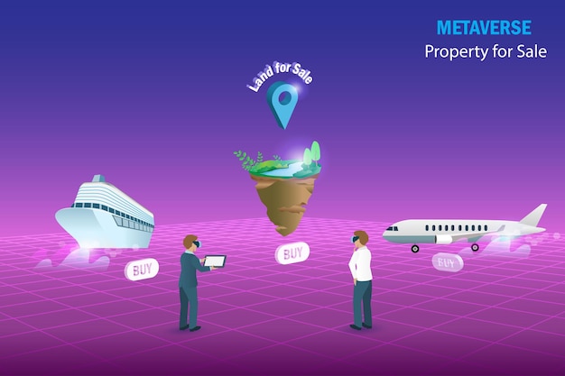 ビジネスマンは、仮想現実サイバースペースの未来的な環境で販売のためのメタバースプロパティを購入します