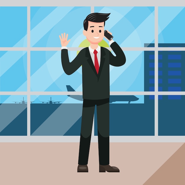 Vector businessman in calls from airport