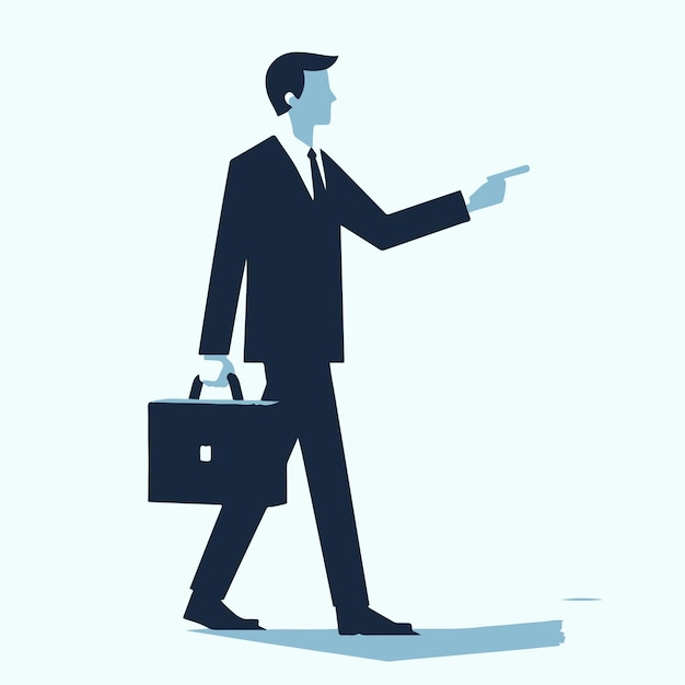 a businessman carrying a bag and pointing full body in a simple and minimalist flat design style