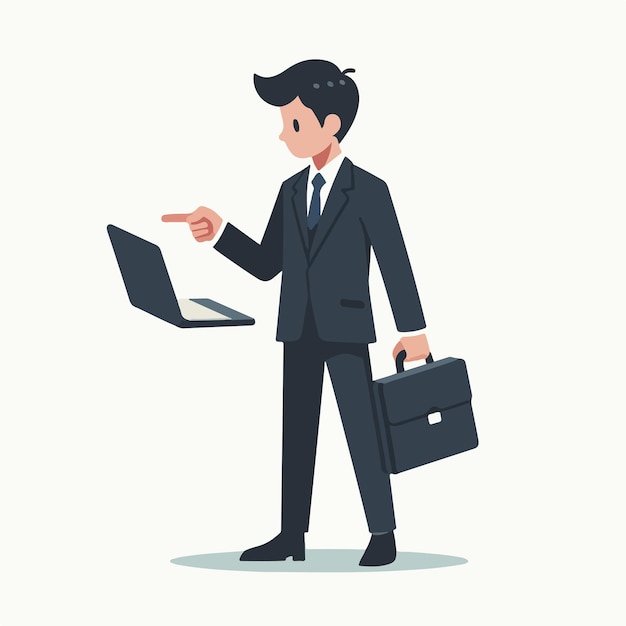 a businessman carrying a bag and pointing full body in a simple and minimalist flat design style