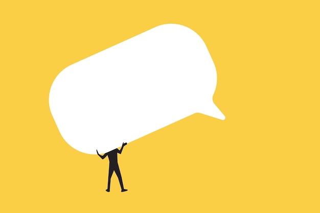 Businessman carrying big speech bubble with copy space concept of feedback communication or announcement dialog