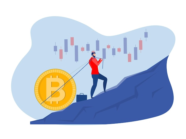 Businessman carrying  bitcoin uphill growthinvestment symbol of wealthvector illustration