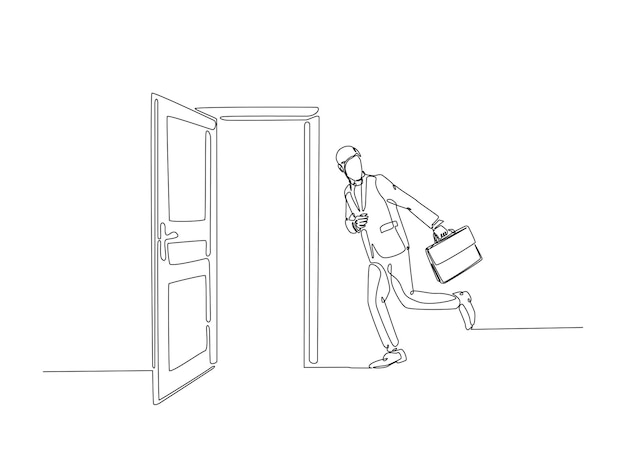 businessman carrying briefcase in front of door in continuous one line drawing
