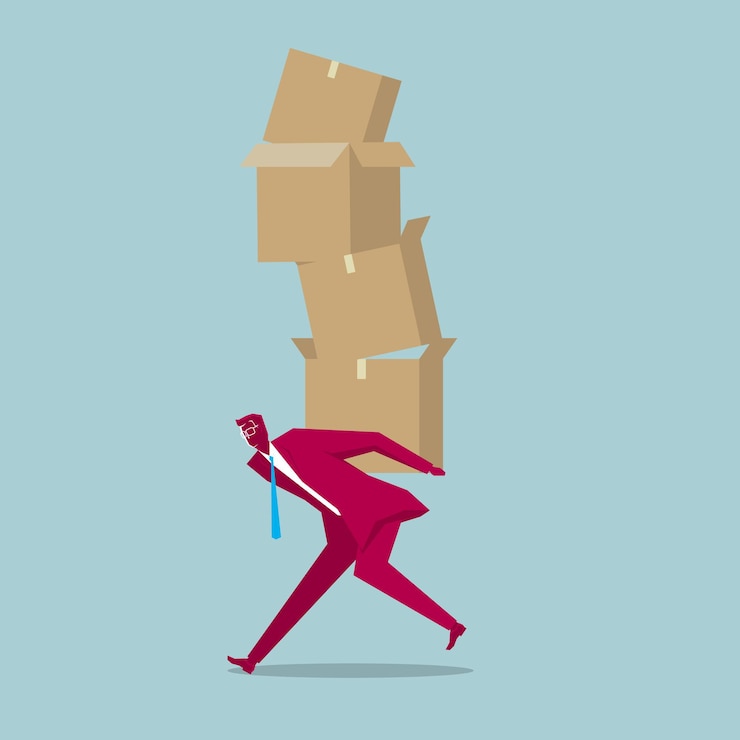 Vector businessman carrying cardboard boxes. isolated blue background.