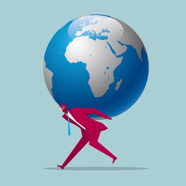 Vector businessman carrying the earth. isolated blue background.