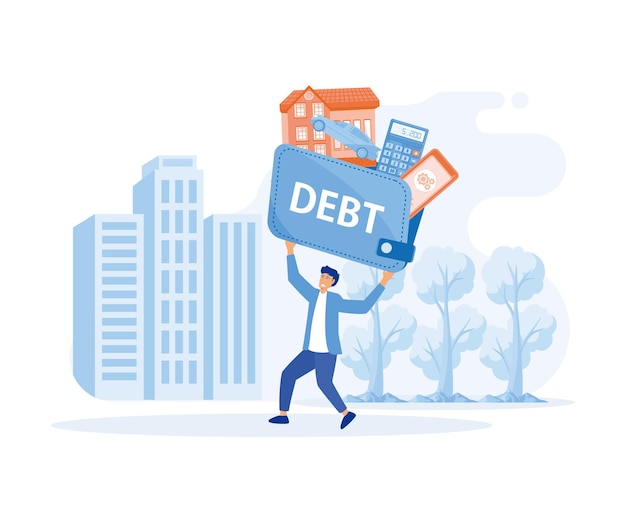 Vector businessman carrying heavy debt burden financial problem flat vector modern illustration