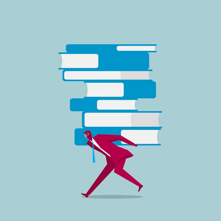 Vector businessman carrying a huge book. isolated on blue background.