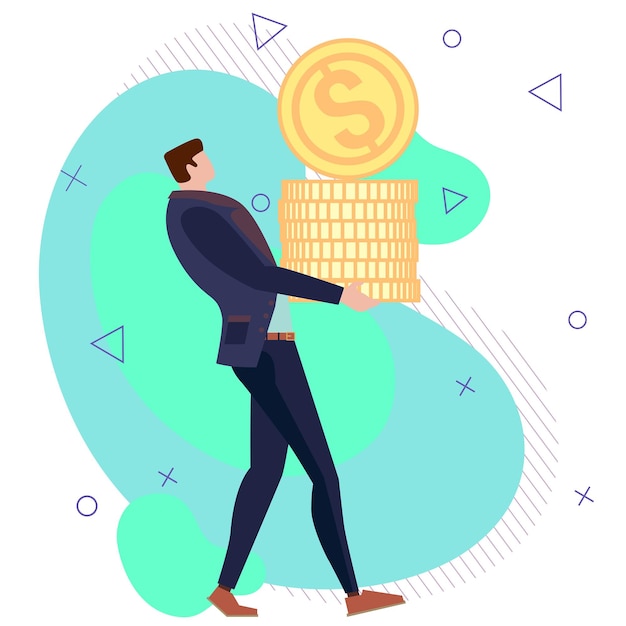 Businessman carrying a large stack of gold dollar coins in his arms in a concept of banking wealth success fortune investment achievement graft or lottery win cartoon vector illustration