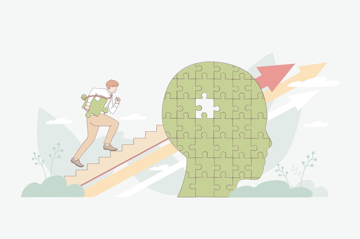 Vector businessman cartoon character climbing up ladder through human brain with messed piece forward up