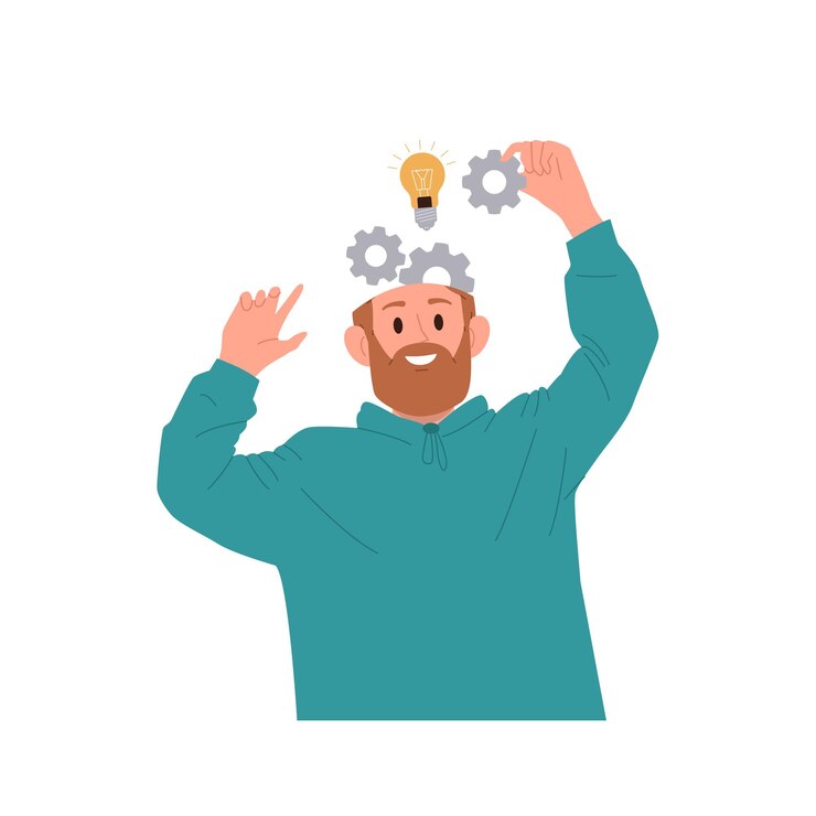 Vector businessman cartoon character filling head with creative idea solution developing imagination