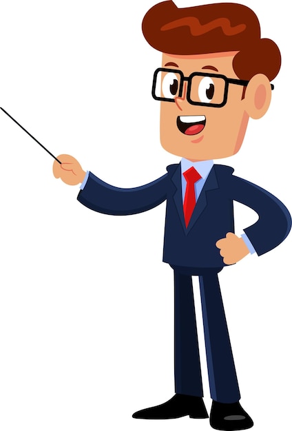 Businessman Cartoon Character Gesturing With A Pointer Stick