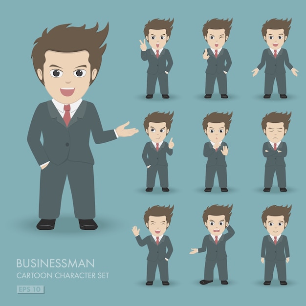 Vector businessman cartoon character set 10 poses with different emotion.