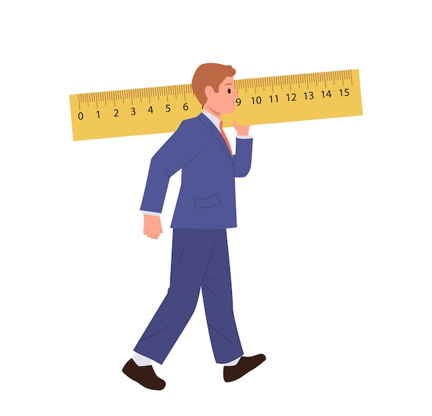 Businessman cartoon character wearing suit carrying giant ruler on shoulder isolated on white