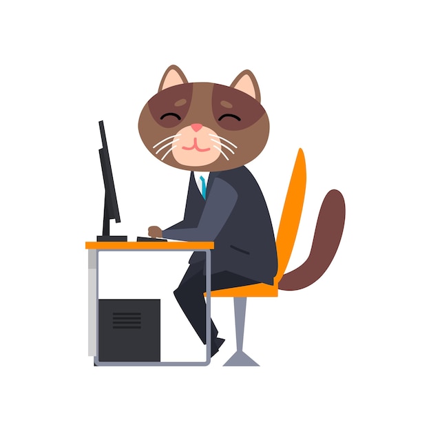 ビジネスマンの猫が机に座って、コンピューターで人間化された動物漫画のキャラクターを操作します。