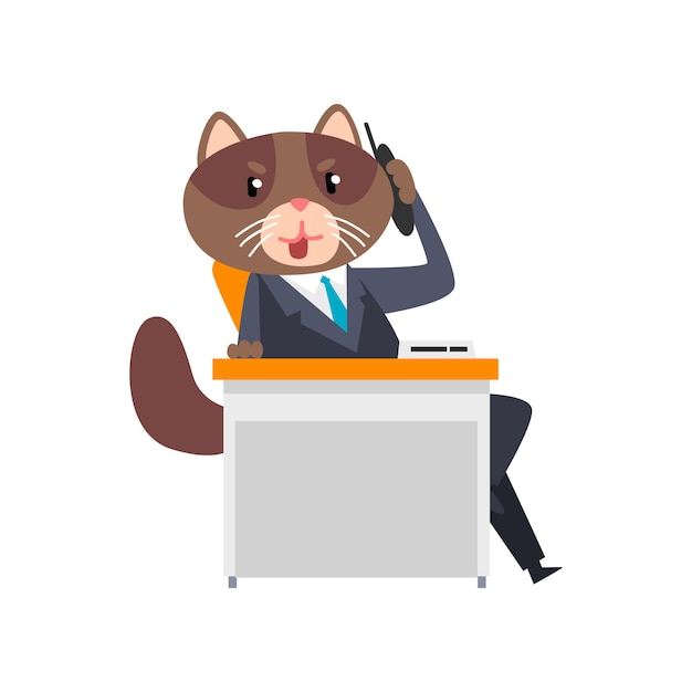 Vector businessman cat sitting at the desk and talking on the phone humanized animal cartoon character in a