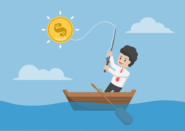 Businessman catching dollar coin by fishing rod. Pursuit of income and business success concept.