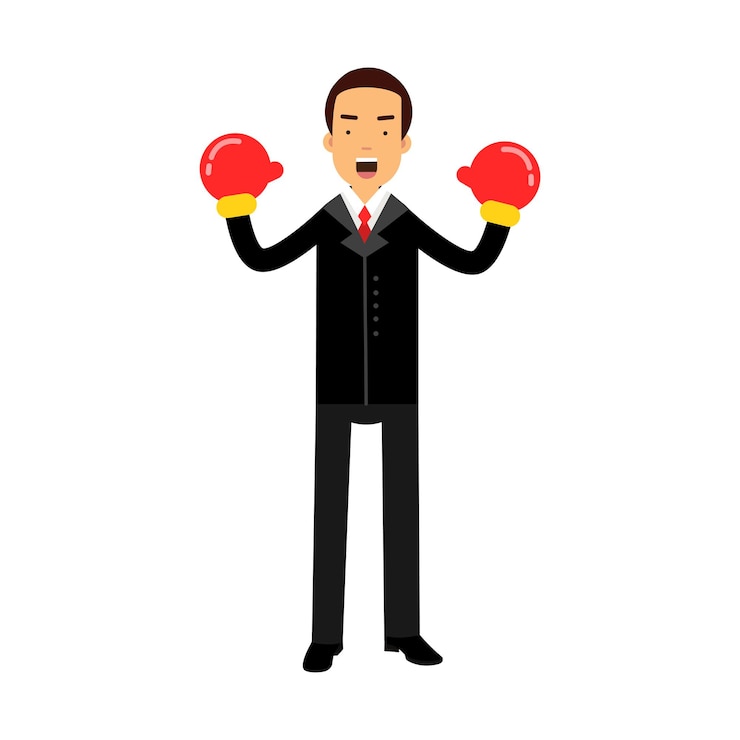 Vector businessman character in boxing gloves celebrating his win vector illustration on a white background