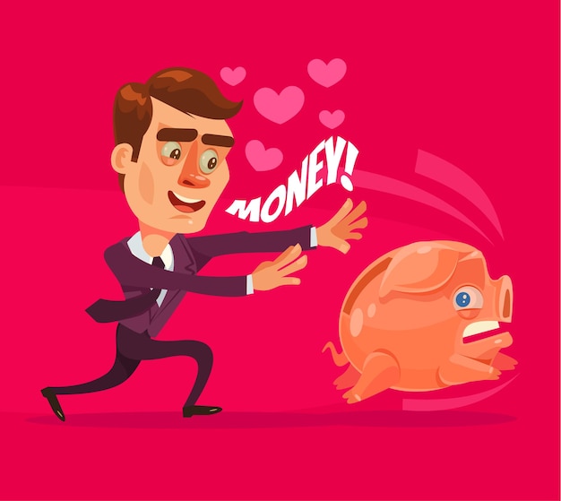 Businessman character chasing piggy bank