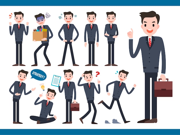 Vector businessman character collection, lovely office worker in different actions and facial expression