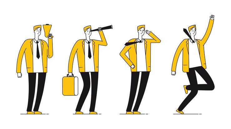Vector businessman character. flat successful businessman in different poses. happy line male vector illustration. businessman character, man professional corporate