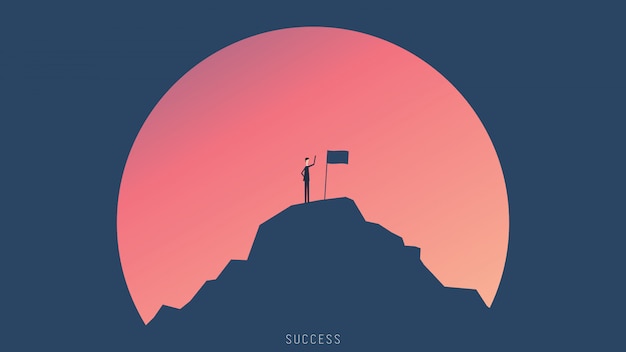 ビジネスマンのキャラクターが山の頂上にフラグを掲揚。成功のピークのビジネスの男性。
