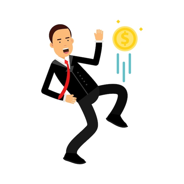 Businessman character kicking dollar coin like football player vector illustration on a white background