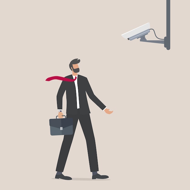 Businessman character looking at the CCTV camera Spying technologies