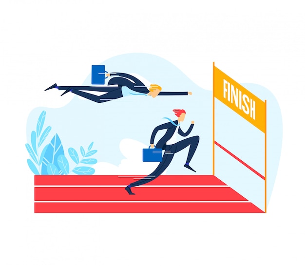 Vector businessman character running finish line, male flee outdoor treadmill competition business company, competitor isolated on white, flat illustration.