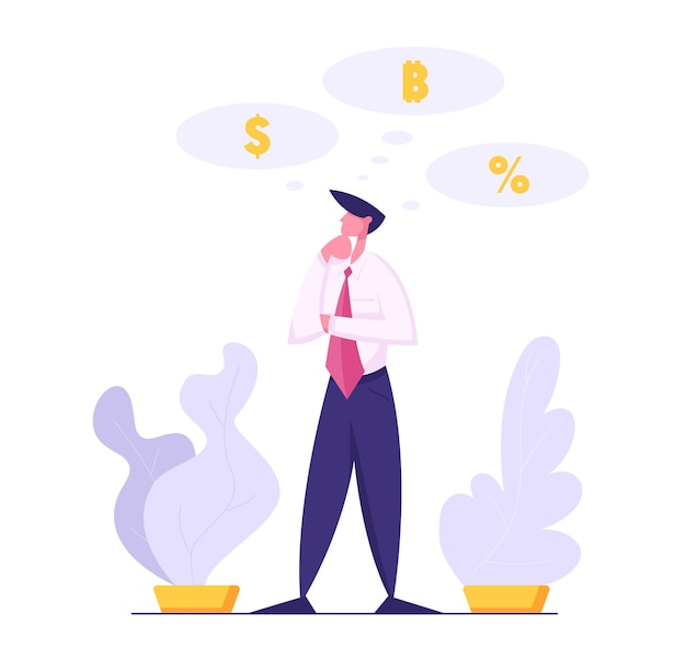 Vector businessman character thinking in doubt illustration