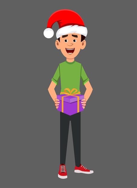 Businessman character wearing red Christmas hat and holding a gift box