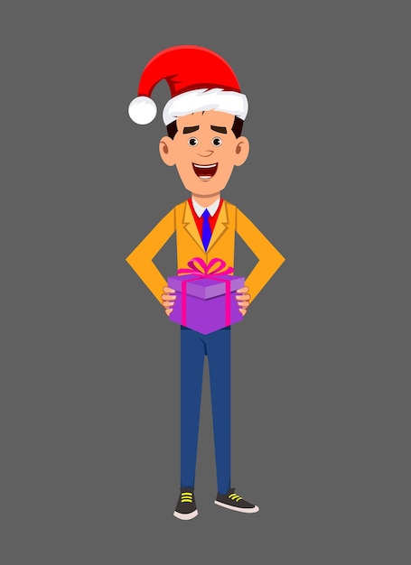 Businessman character with Santa hat and holding a gift box