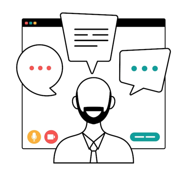 Vector businessman chatting during video call outline illustration man with chat bubble speech in computer window communication online conference concept portrait horizontal cartoon flat vector